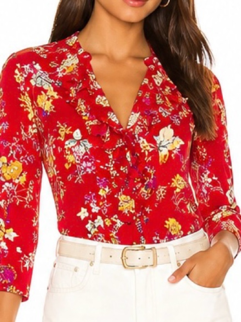 Emanuel Ungaro Red Floral Ruffle V-Neck Blouse vintage
